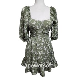 Inspired Hearts Green and White Fit and Flare Mini Sundress with Puff Sleeves